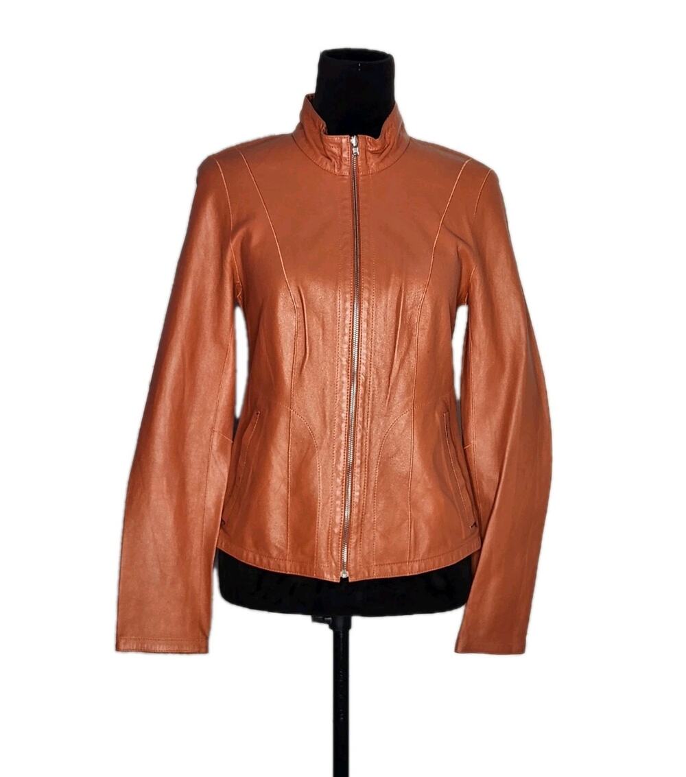 Nwot Rossini By Baggio Reversible Orange/ Plaid Napa Leather Jacket Size M